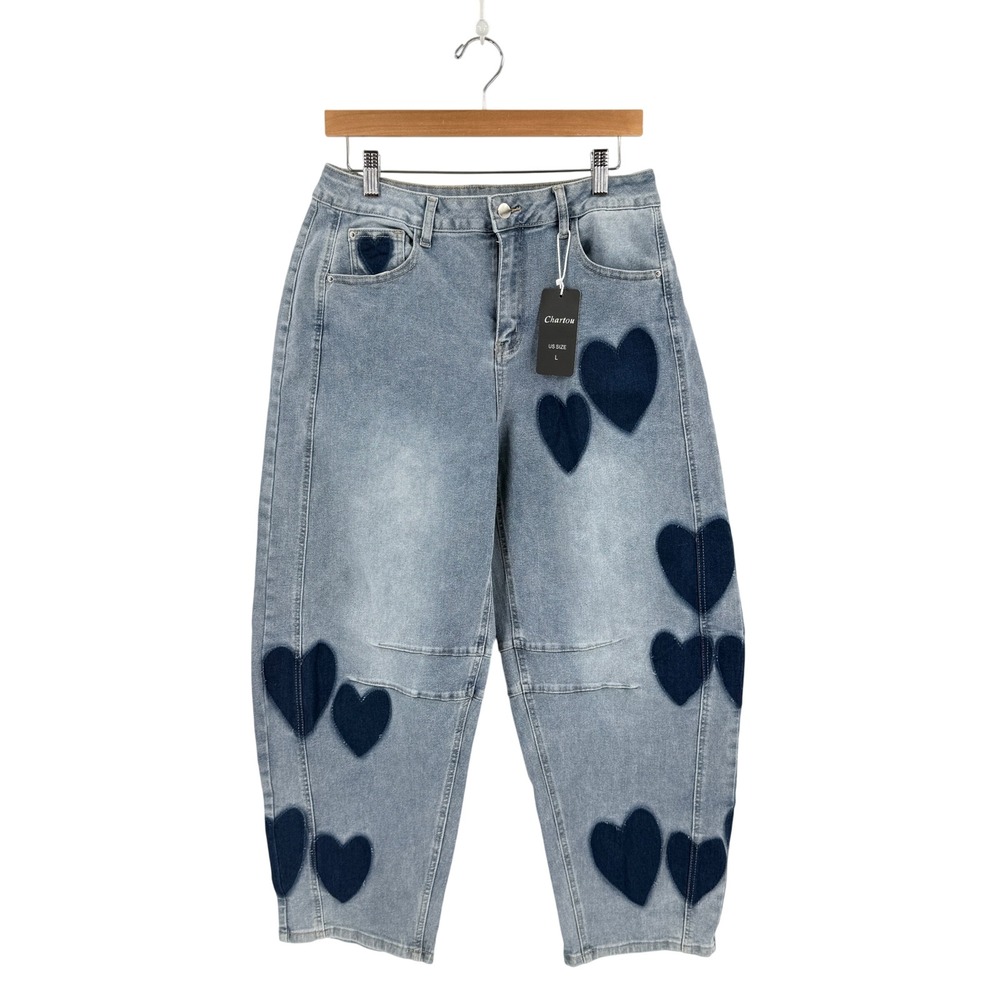 Chartou Heart Print Jeans L Y2K Kawaii Barrel Leg High Rise Denim NWT Coquette